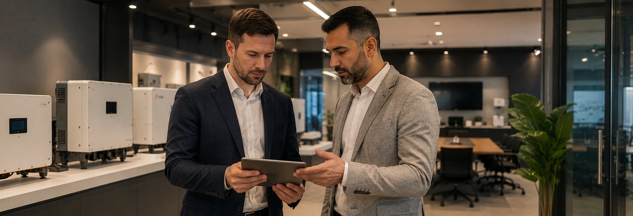 A partner discussing terms of cooperation with a Solis representative in an equipment showroom
