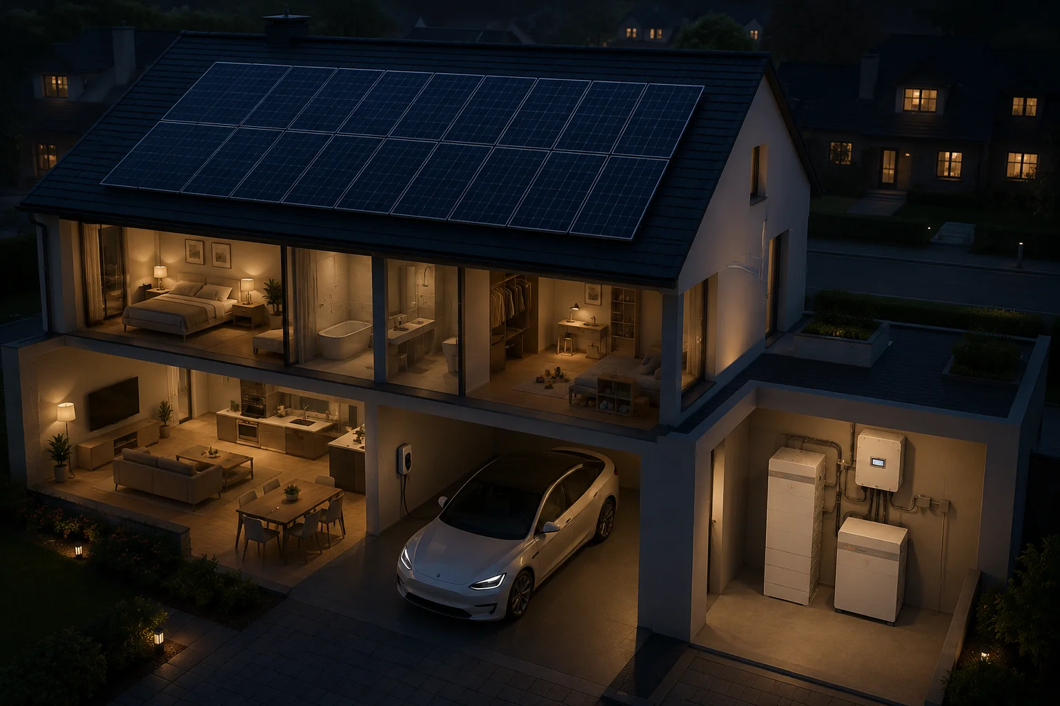 Cutaway of a house with solar panels, a Solis battery and an electric car in the garage