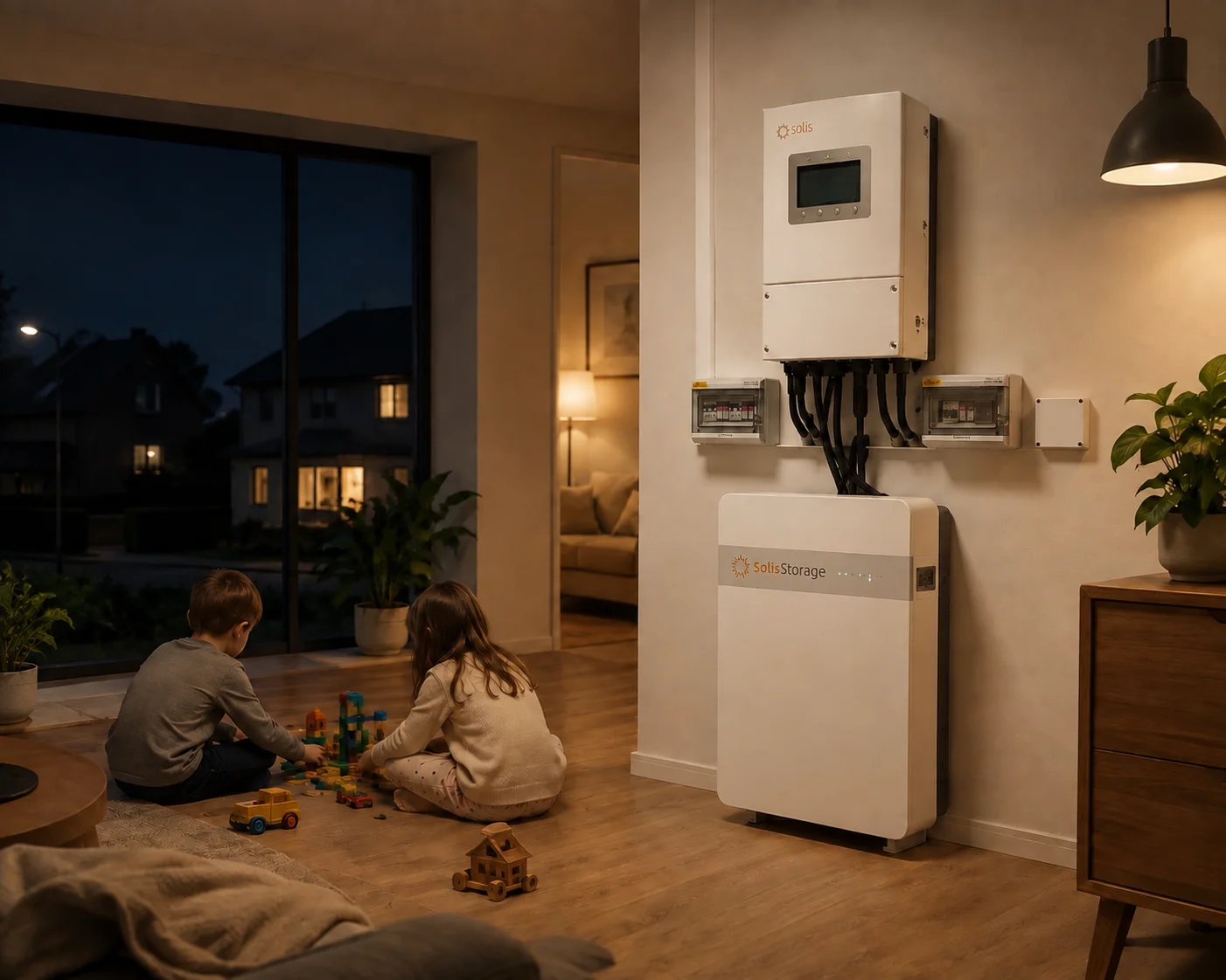 A Solis inverter and battery on a living-room wall with children playing on the floor